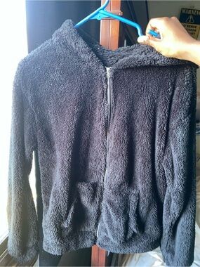 SHEIN Black Plush Fuzzy Zip-Up Hoodie Jacket